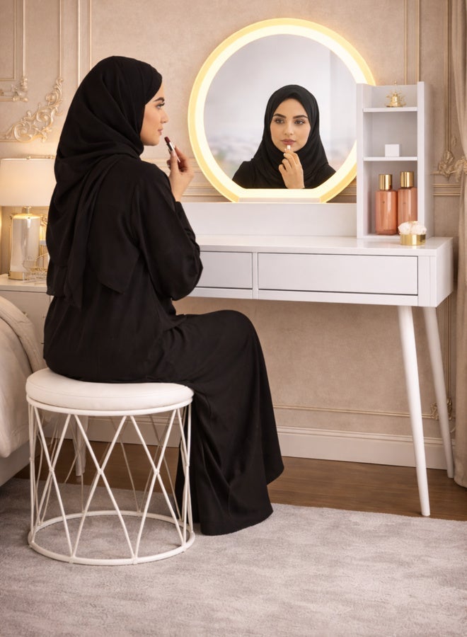 Harmony Homes Modern White Vanity Table with LED Round Mirror & Stool – 2 Drawer Dressing Table Set with Storage Shelf for Bedroom - Image 5